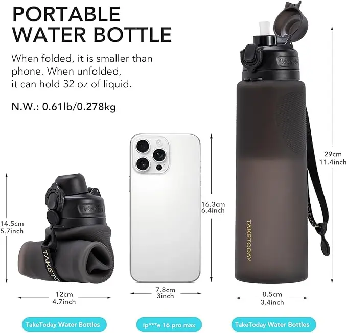 Collapsible 32oz Silicone Water Bottles, Foldable Travel Bottle with Straw, BPA Free, Leakproof for Hiking, International Travel, Outdoors (Black)