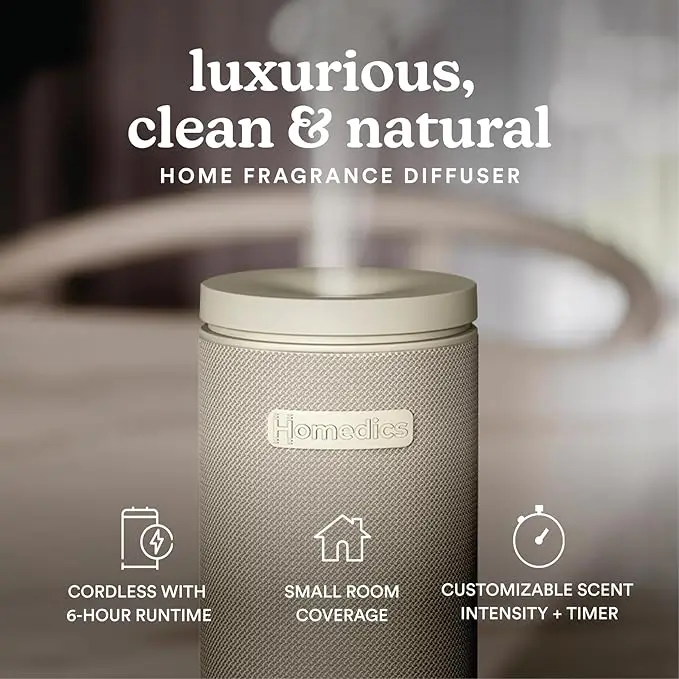 Homedics SereneScent Mini Fabric Rechargeable Waterless Diffuser, Cordless Aromatherapy Device, Use with SereneScent Oil 15ml (Sold Separately), Adjustable Mist Intensity & Ambient Light, Beige